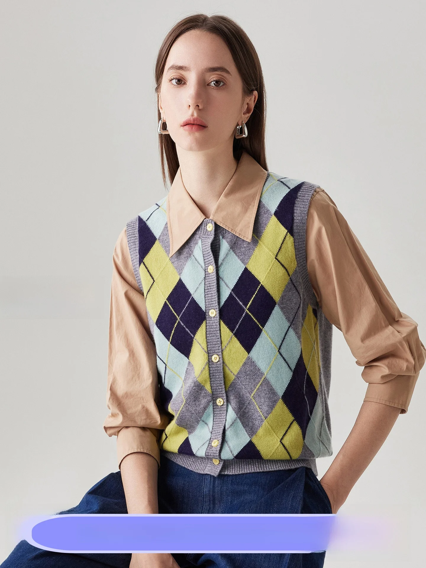 

Zhaojun Autumn Winter Plaid College Sle Women's Knitted Woolen Vest round Ne Open Cardigan Casual Faion Retro Clothes