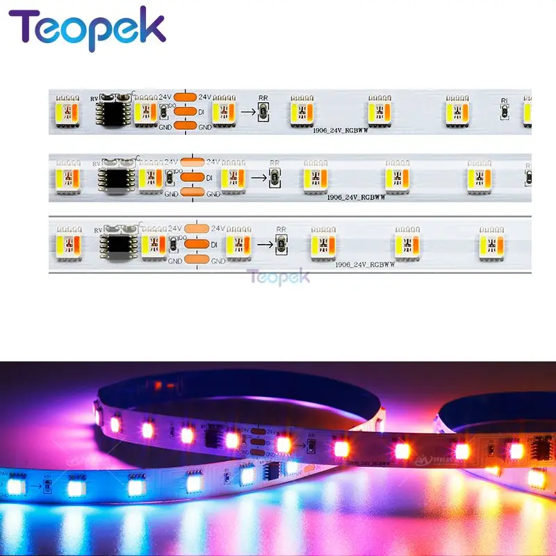 

FW1906 RGB+CCT Magic Addressable Flexible LED Strip Light 5050 SMD 5 Colors in 1 chip Full Colors RGBWW Tape 24V DC