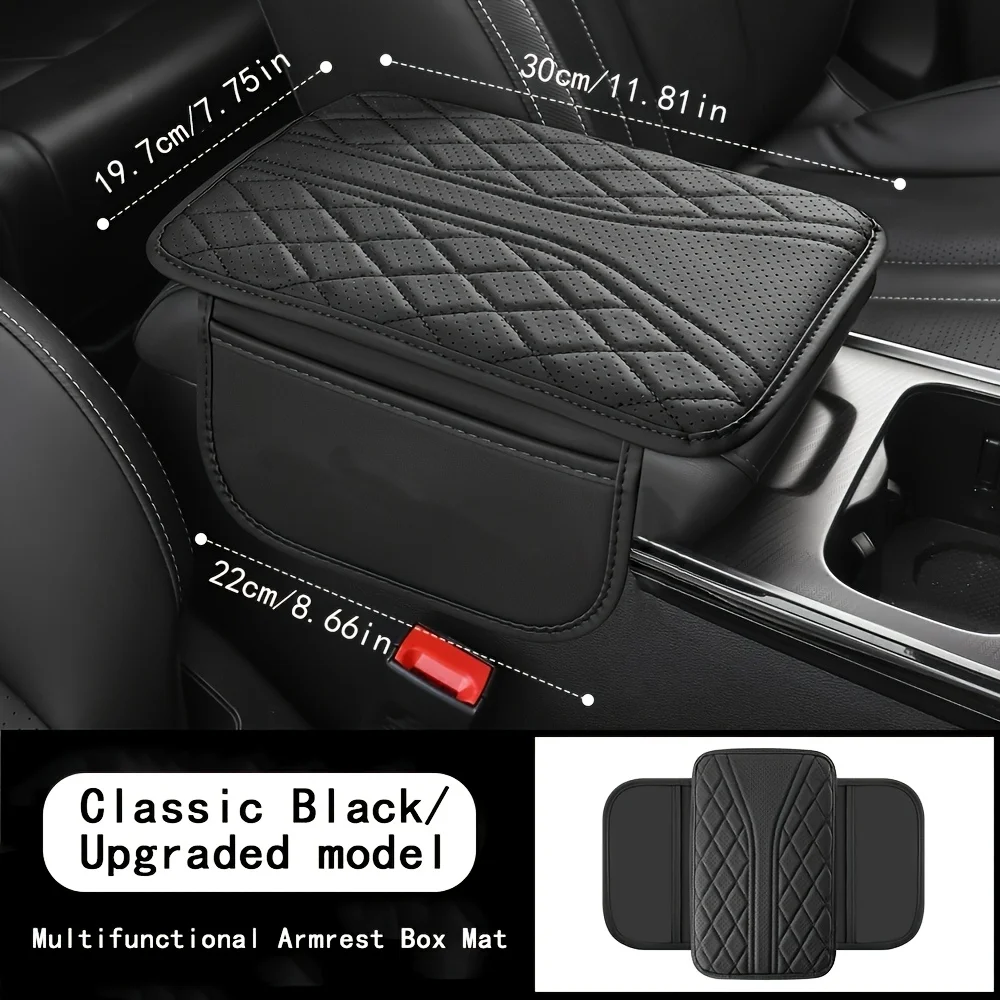 Universal Car Armrest Box Mat, Black PU Leather Armrest Cover with Storage Pocket, Comfortable Elbow Support Cushion for SUV/Tru view 5