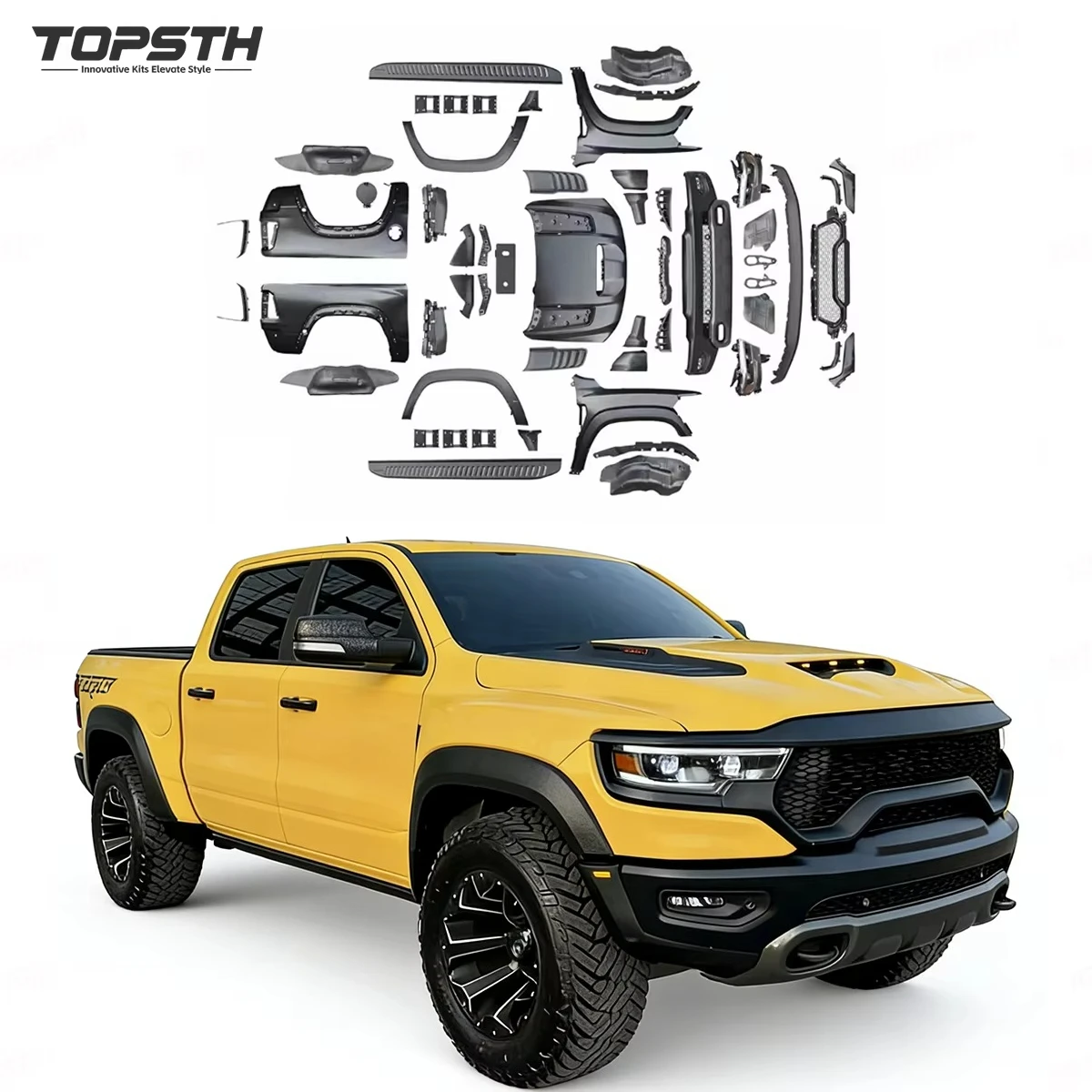 Heavy Duty TRX Conversion Kit For 2019-2024 Dodge Ram 1500 Complete Exterior Upgrade Package With Front Bumper Fenders & Grille