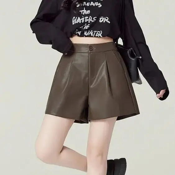 

Autumn Winter New Maillard Color Leather Shorts Women'S High Waist Korean Style A-Line Loose Wide Leg Pants Boot Pants