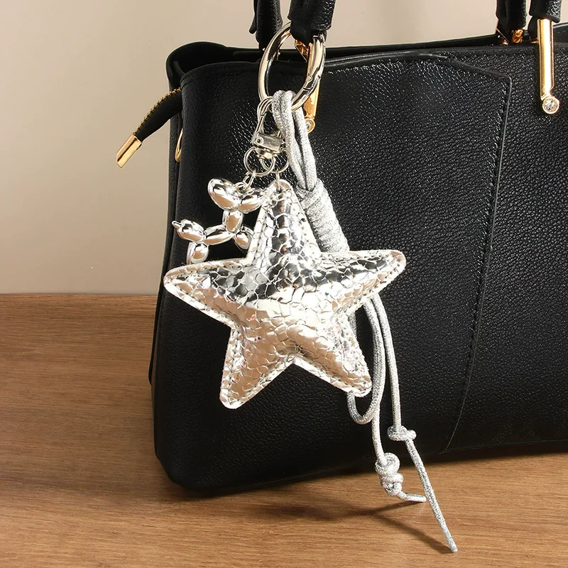 Fashion Silver Star Keychain Cute Balloon Dog Leather Charm Women Bag Pendant Ornaments Accessories Braided Rope Keyring Decor
