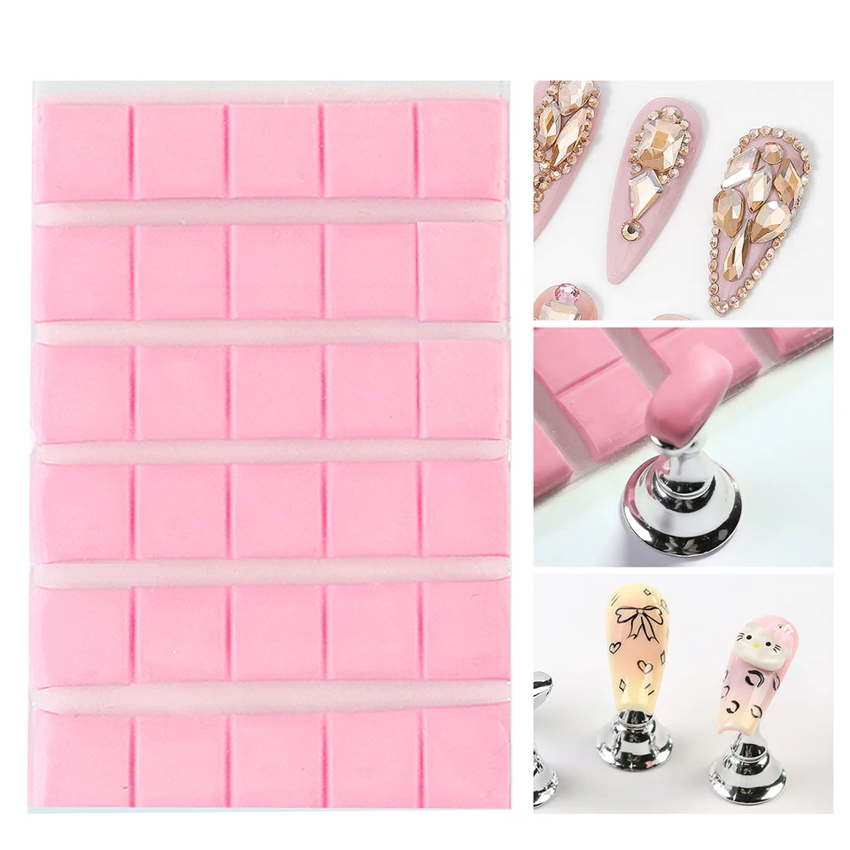 Nuevo set de 30 pzas de pegamento adhesivo para uñas, rosa y verde, reutilizable, para usar con soporte de práctica, herramientas de manicura 4