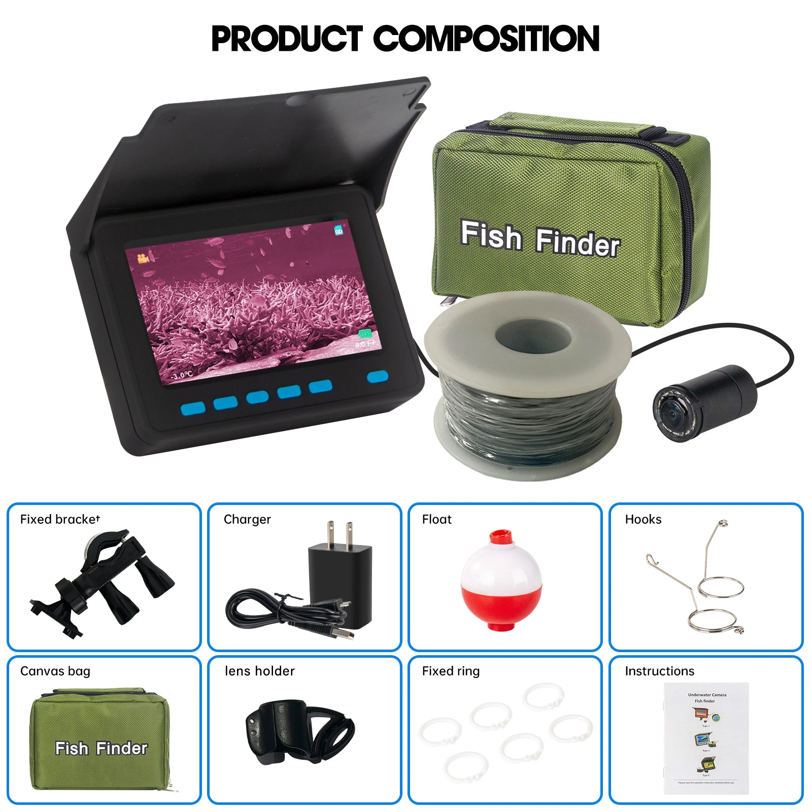 

HD 4.3" Underwater Fishing Camera,Infrared Night Vision LEDs, Depth/Temp Display, F25 plus 15-30m for Fishing & Exploration