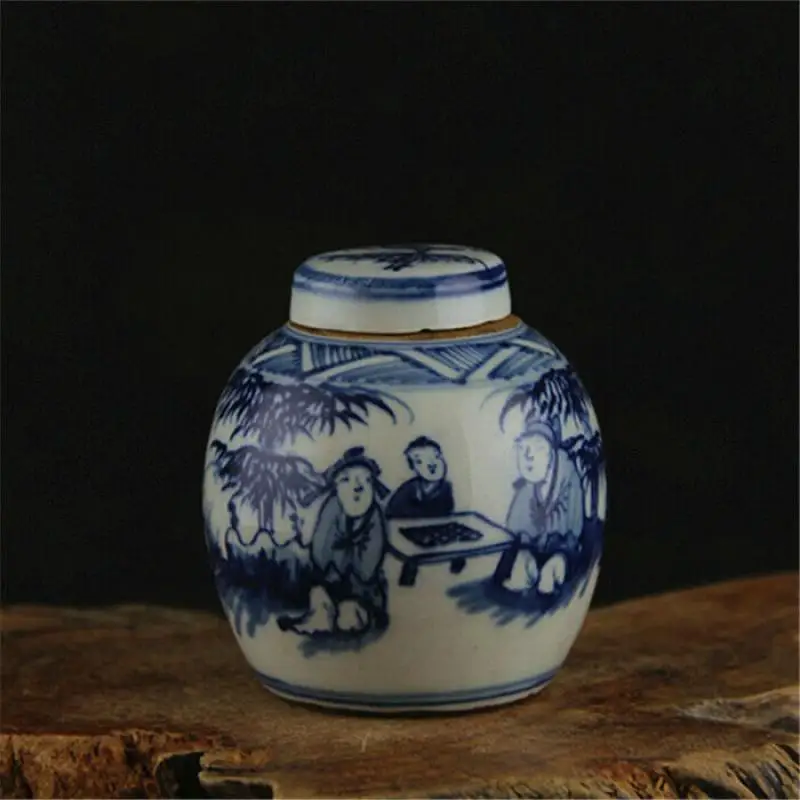 Chinese Blue and White Porcelain Jar Qing Figure Painting Pattern Pot 3.31 Inch