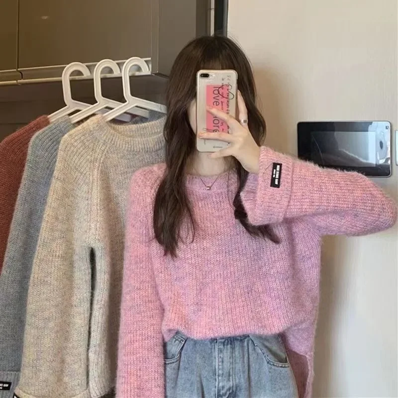 PTKPCC Spring Autumn Stylish New Soft Supple Women's Sweater in Berry Color Loose Fit Long Sleeve Knitted Top Cropped Top