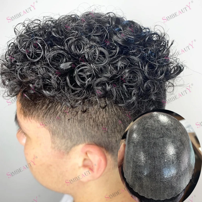 

Африканский Америка Черный Человек 18 мм Вьющиеся Длительные Человеческие Волосы Парик Натуральная Линия Волос Прочная 0,1 мм ПУ База Мужской Парик Система Волос