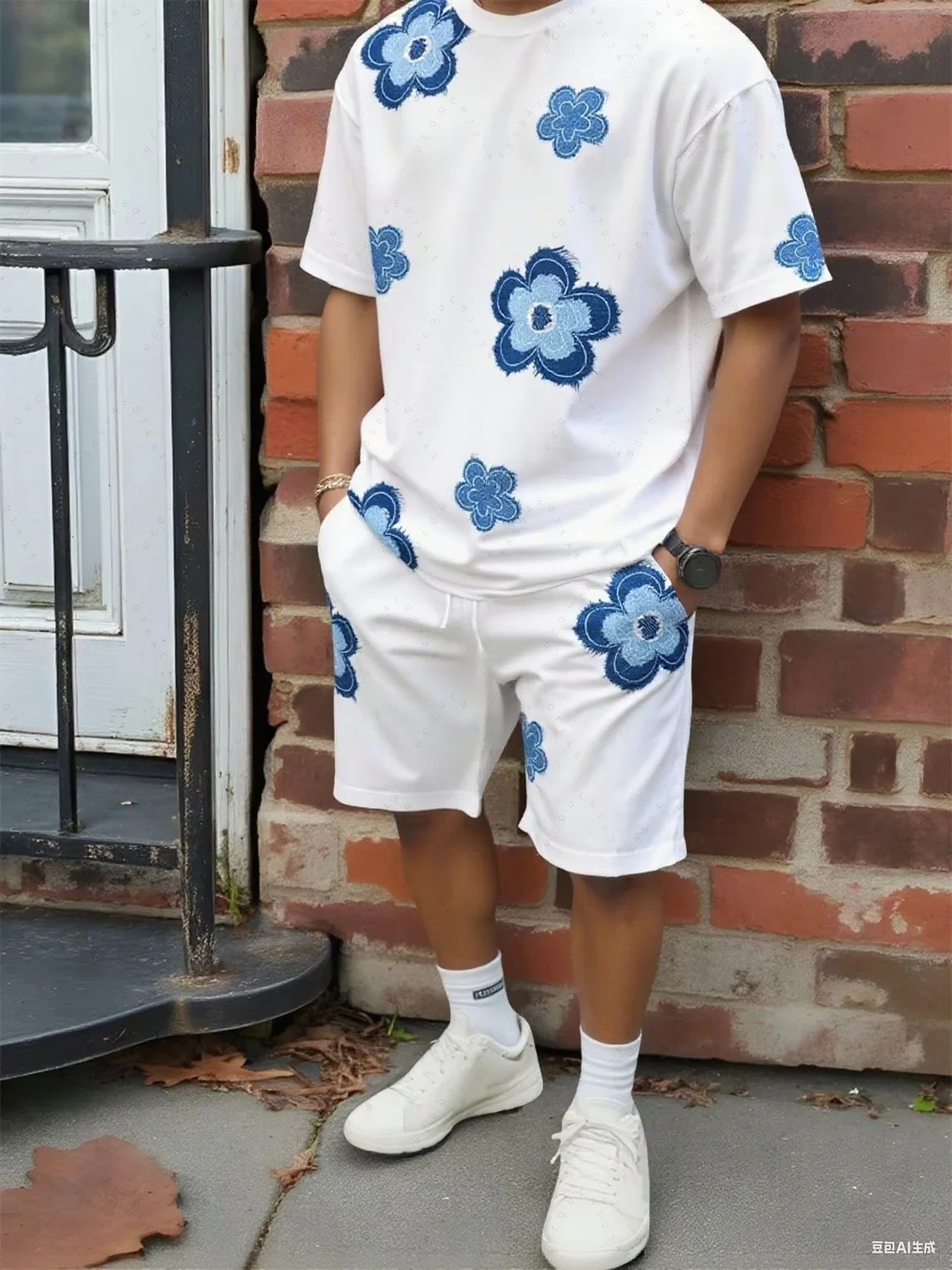 

Мужская повседневная футболка большого размера с цветочным принтом, комплект с круглым вырезом, свободный модный уличный топ, повседневные спортивные шорты на шнурке, комплект из 2 предметов