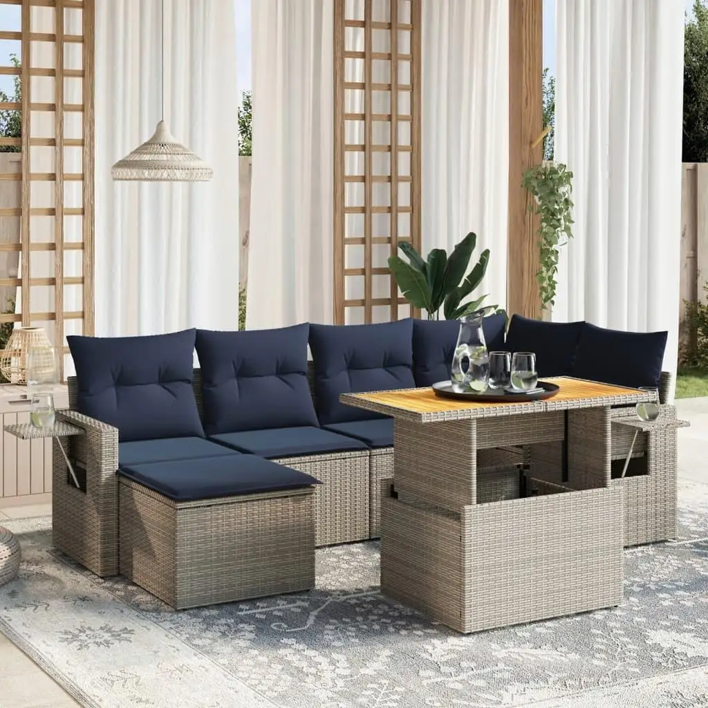 

7 Piece Gray Poly Rattan Patio Sofa Set with Cushions Outdoor Furniture Garden Lounge Seating