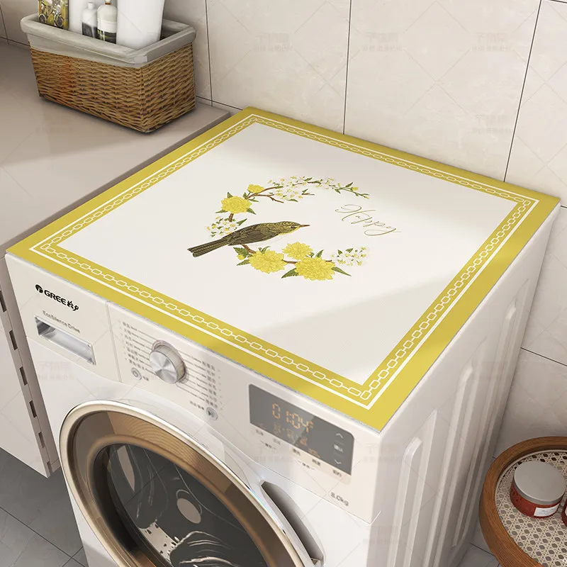 VIKAMA Vintage Bird Floral Washing Machine Top Mat Yellow Chain Border Happy Letter Waterproof Anti Dust Dryer Surface Pad