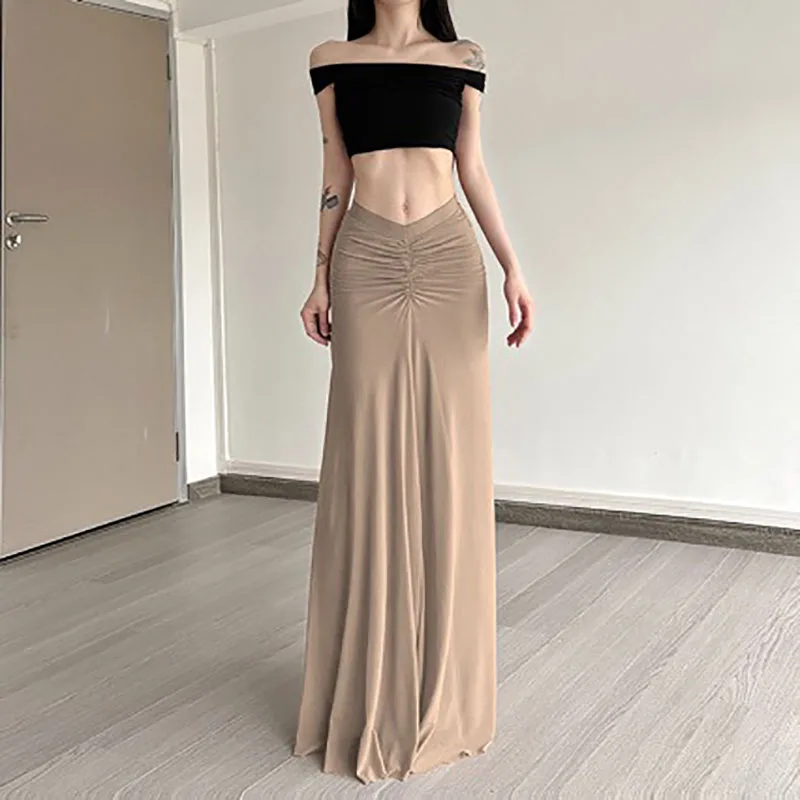 Wrinkled Maxi Skirt for Women Khaki High Waisted Versatile Thin Hip Hugging Skirts Summer New Commute Slim Fit Fishtail Skirt