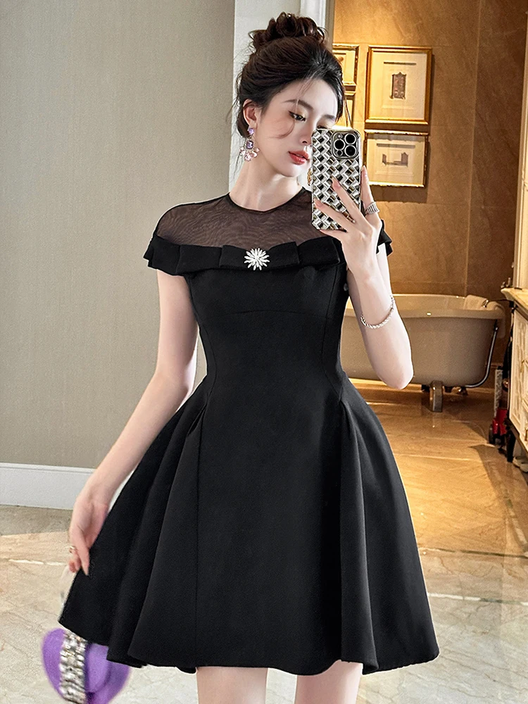 여성용 프렌치 섹시 나이트 아웃 드레스 귀여운 시스루 메쉬 스플라이스 스윙 볼 가운 생일 파티 클럽 베스티도 데이트 로브