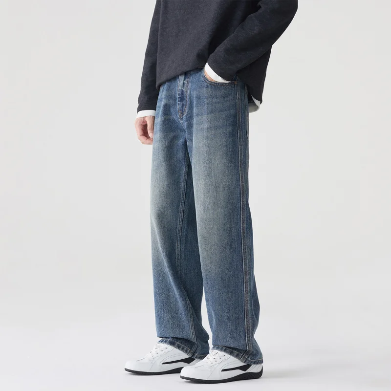 

Мужские джинсы из хлопкового денима в стиле ретро, свободного прямого кроя, повседневные, удобные, для осеннего сезона, модная верхняя одежда