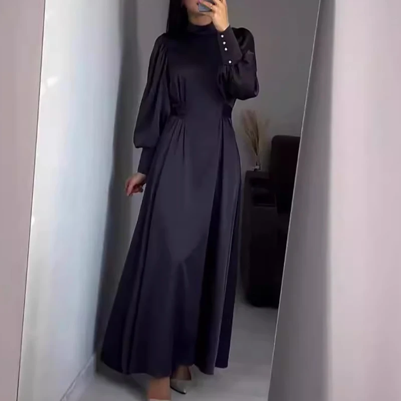 Elegant Lantern Sleeves Solid Color Commuting Dress Casual Women's O-neck Satin Robe Dress Vintage High Waisted Pleated Dresses