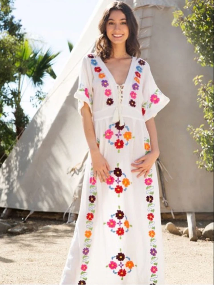 

Khalee Yose Boho Embroidery Maxi Dress Floral White Vintage Chic Women Dresses V-neck Long Sleeve Hippie Holiday Ladies Dress