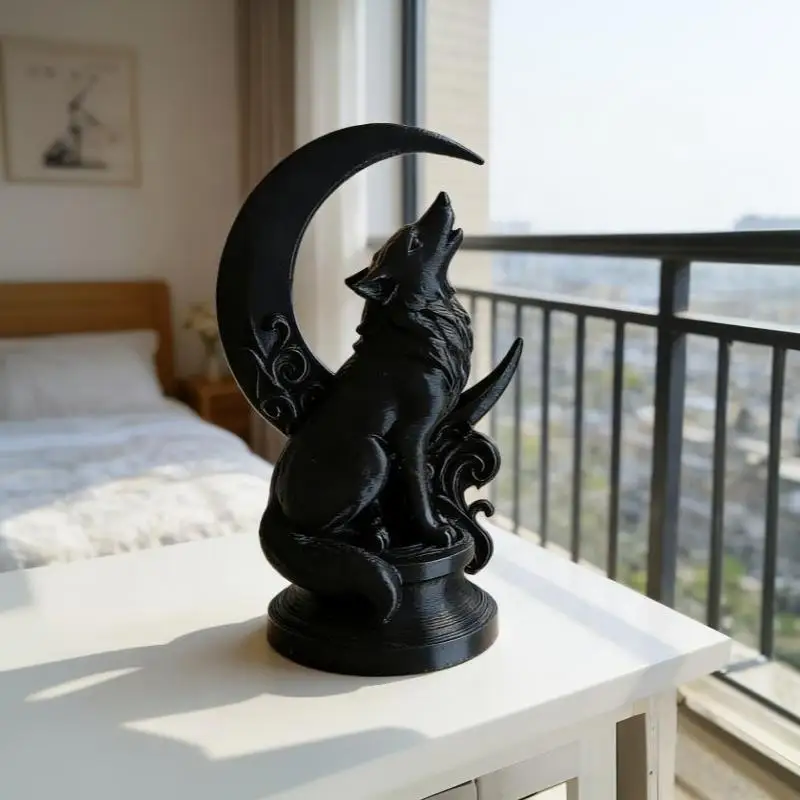 Moon Wolf Totem Ornament Hand-carved Wolf Art Statue High Durability Resin Craft for Home Office Hotel Lobby Decoration
