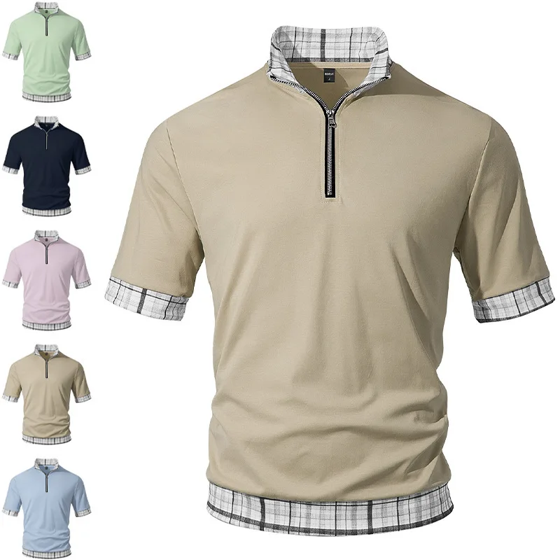 Men's Quarter Zip Polo Shirt Short Sleeve Stand Collar Plaid Splice Cuff Hem Casual Business Summer Tops