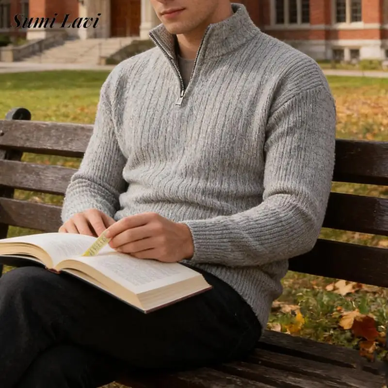 

Sports Fitness Elastic Slim Jumpers Mens Knitted Solid Color Zip-up Stand Collar Sweater For Men Autumn Winter Vintage Sweaters