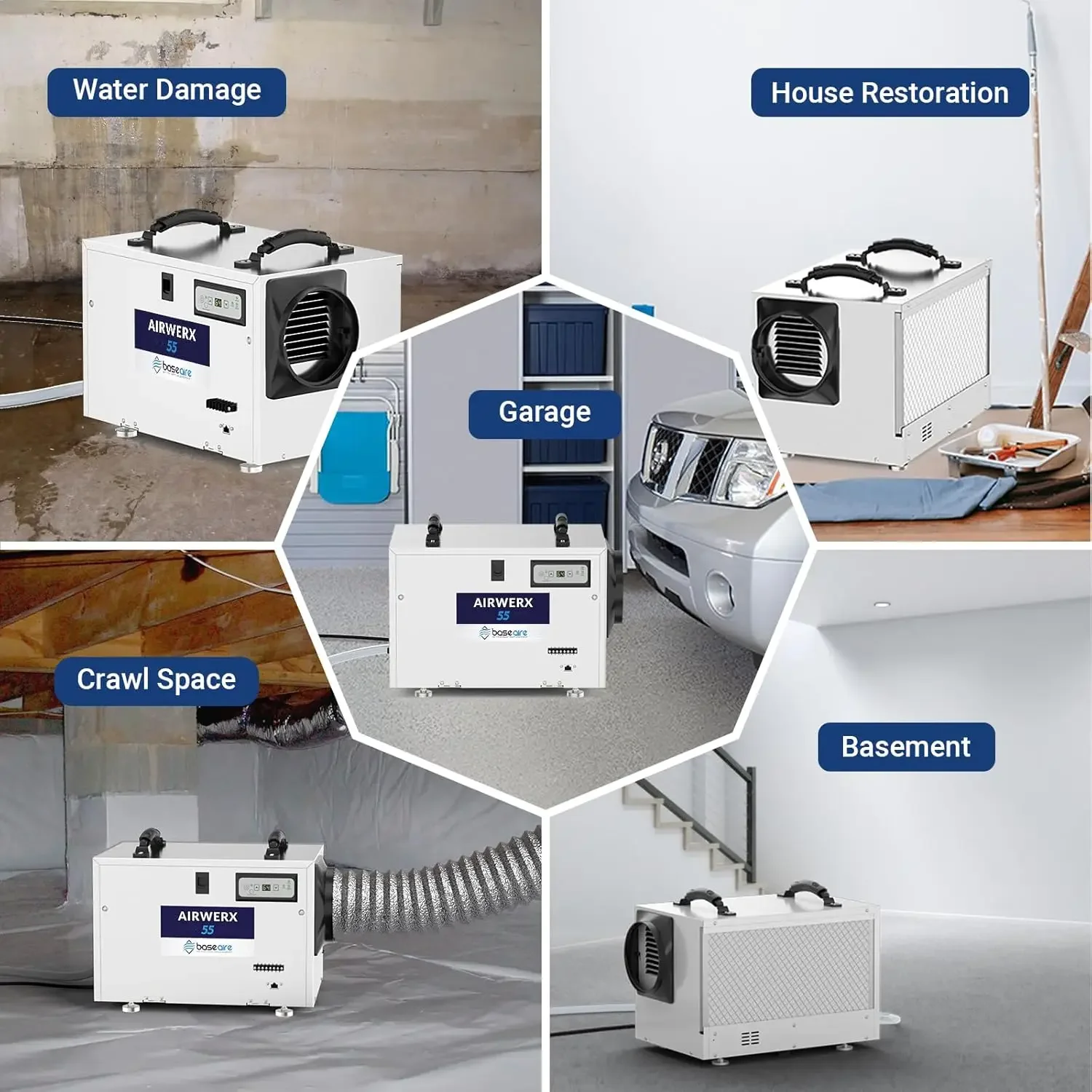 Basement Crawl Space Dehumidifier 113 Pint with Continuous Drain Hose Compact Commercial Industrial Home Dehumidifiers