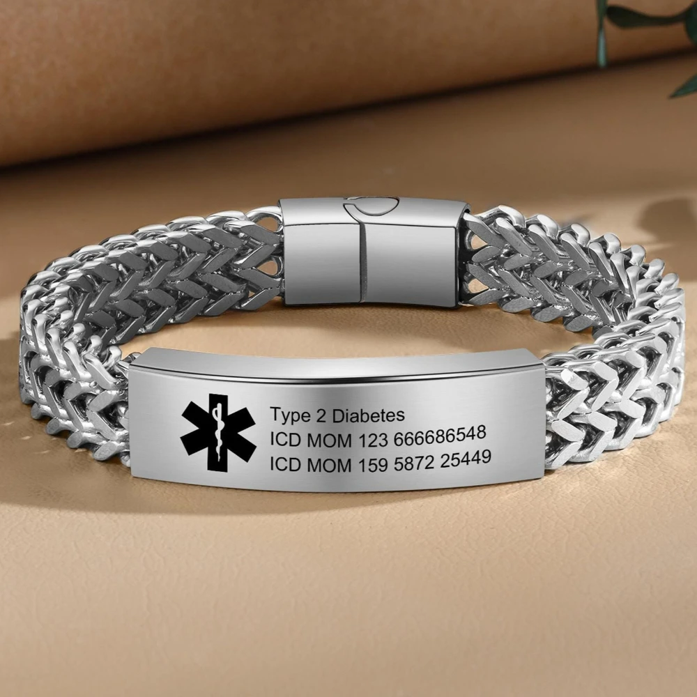 Customized Medical ID Alarm Bracelets Free Carving Diabetes Asthma Stainless Steel Exercise Emergency Help Wrist Strap