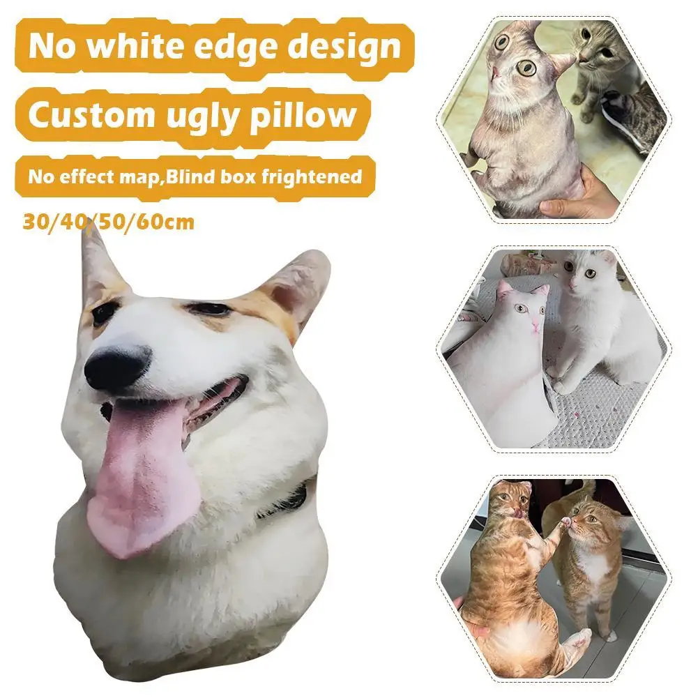 Bantal jelek Lucu DIY, boneka bantal panjang karakter hewan peliharaan 3D kucing anjing bentuk kustom tanpa tepi putih hadiah anak-anak 1 buah