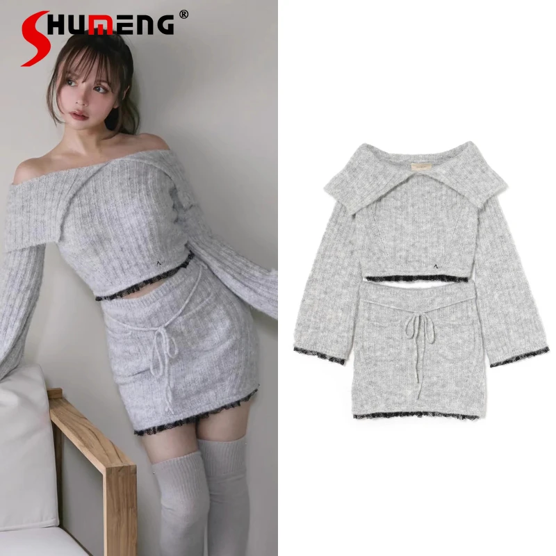 

Japanese Style Versatile Sweet Pullover Off-Shoulder Knitted Top And Skirt 2-Piece Set Long Sleeves Knitwear Mini Skirts Outfits