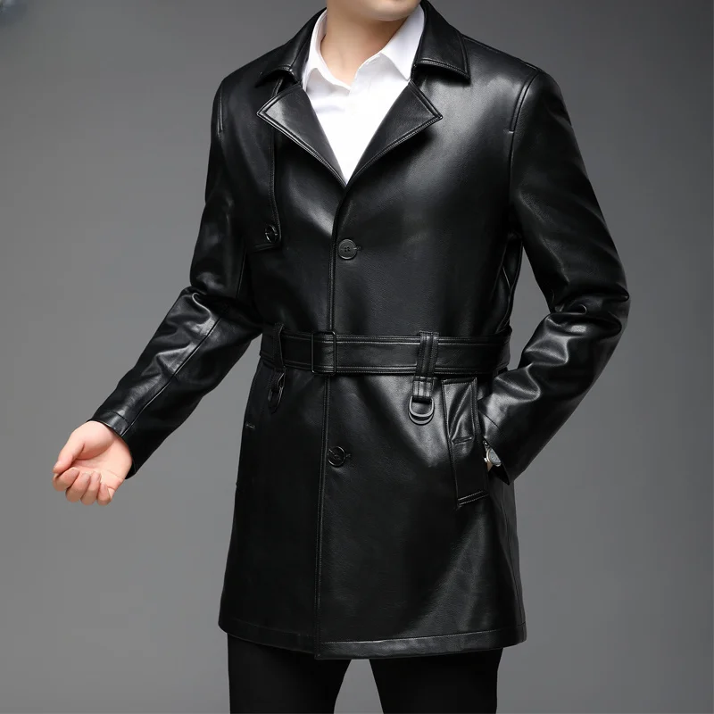 Men Leather Jacket Mid-length Casual Business Genuine Jackets for Autumn Winter Suit Collar Black Windbreaker Belt