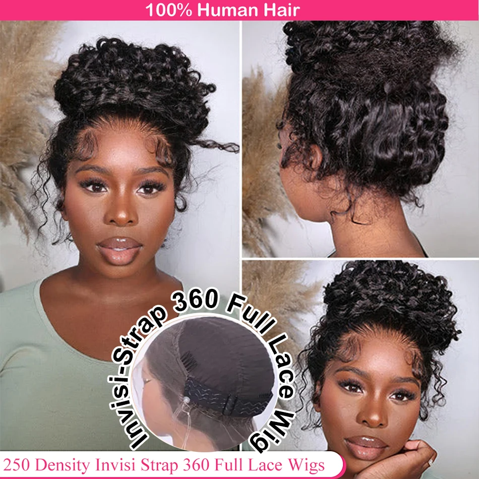 

250 Density Invisi Strap 360 Full Lace Frontal Kinky Curly Wig 30 inch Black Human Hair Drawstring Snug Water Wig Preplucked
