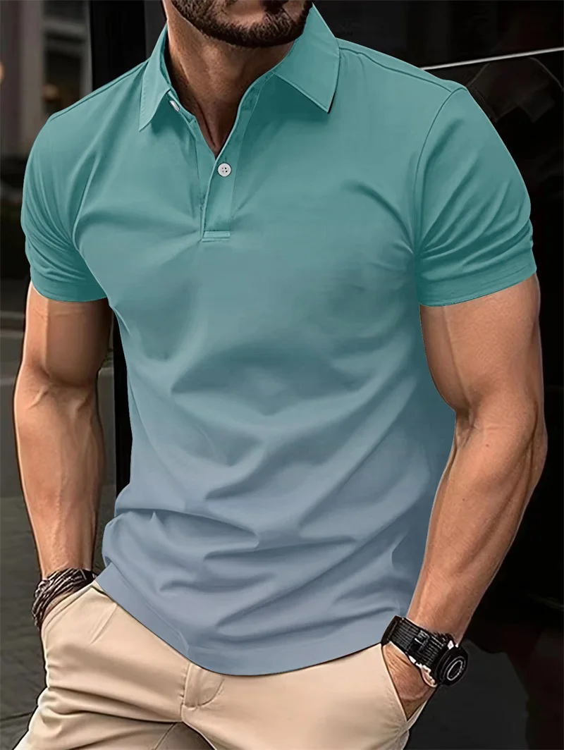 Men\'s Polo Shirt Gradual Change Men\'s Street Short Sleeve Shirt Golf Loose Micro Elastic Clothing Men\'s Large Size Button Tshirt