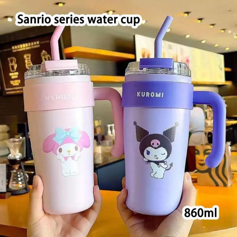 

860Ml Kawaii Sanrio Pochacco Cinnamoroll Kuromi Anime New 316 Material Straw Thermos Cup High Capacity Leak-Proof Life Supplies