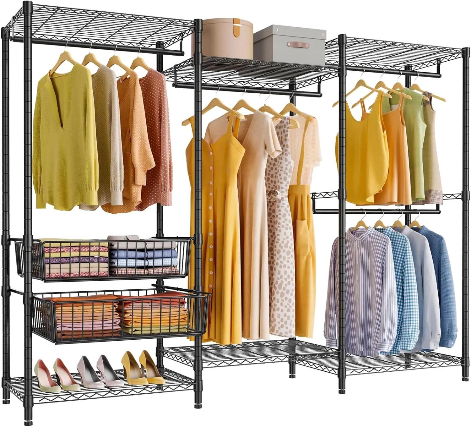 

V10 Medium Wire Garment Rack Heavy Duty Clothes Rack, Freestanding Closet Wardrobe Metal Clothing Rack with 2 Slid Baske