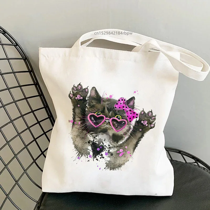 Bolso de mano de lona con estampado de Animals de acuarela، bonito Desen de zorro، gafas، lazo، bolso type Shopper de hombro #1