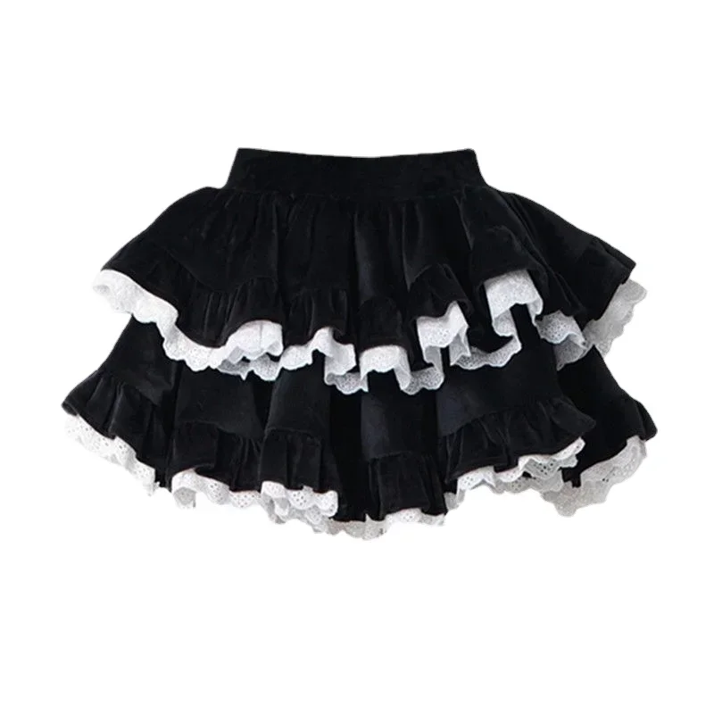 

Spring and summer new style Kawaii Lolita Clothing Suit Casual Crop Tops Slim Black Mini Skirt Lace Cake Skirt Japanese Fashion