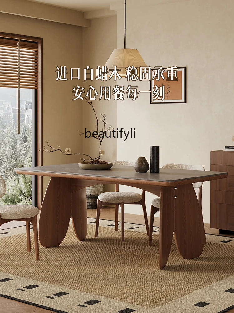 

Nordic Solid Wood Matte Rock Slab Dining Table and Chair Set for Living Room Small Apartment, Rectangular Simple Dining Table