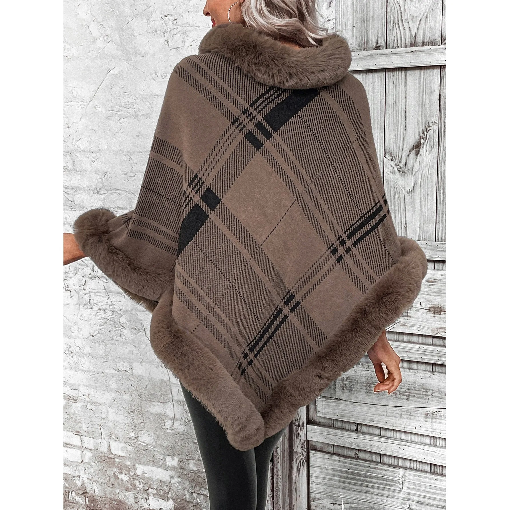 

2024 Women's Faion Casual Plaid Cape awl Cardigan Sweater Spring Autumn RPET Regenerated Fabric S Size Faion Accories