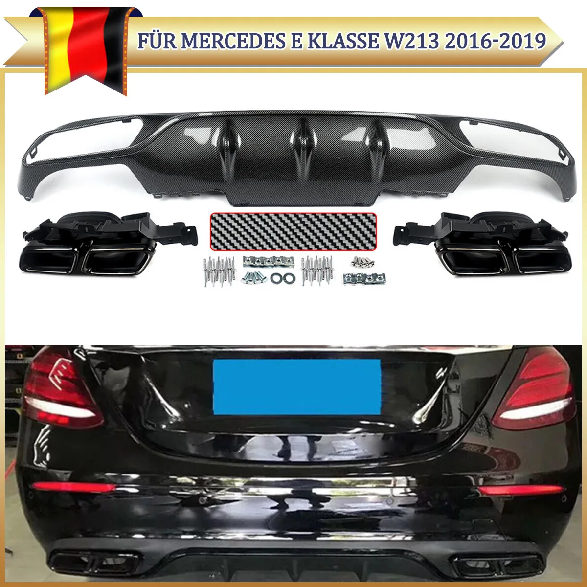 Image of Für Mercedes-Benz E-Klasse W213 E200 E250 E300 Heckstoßstangenlippe 2016 2017 2018 2019 2020 Heckdiffusor + Auspuffendrohre