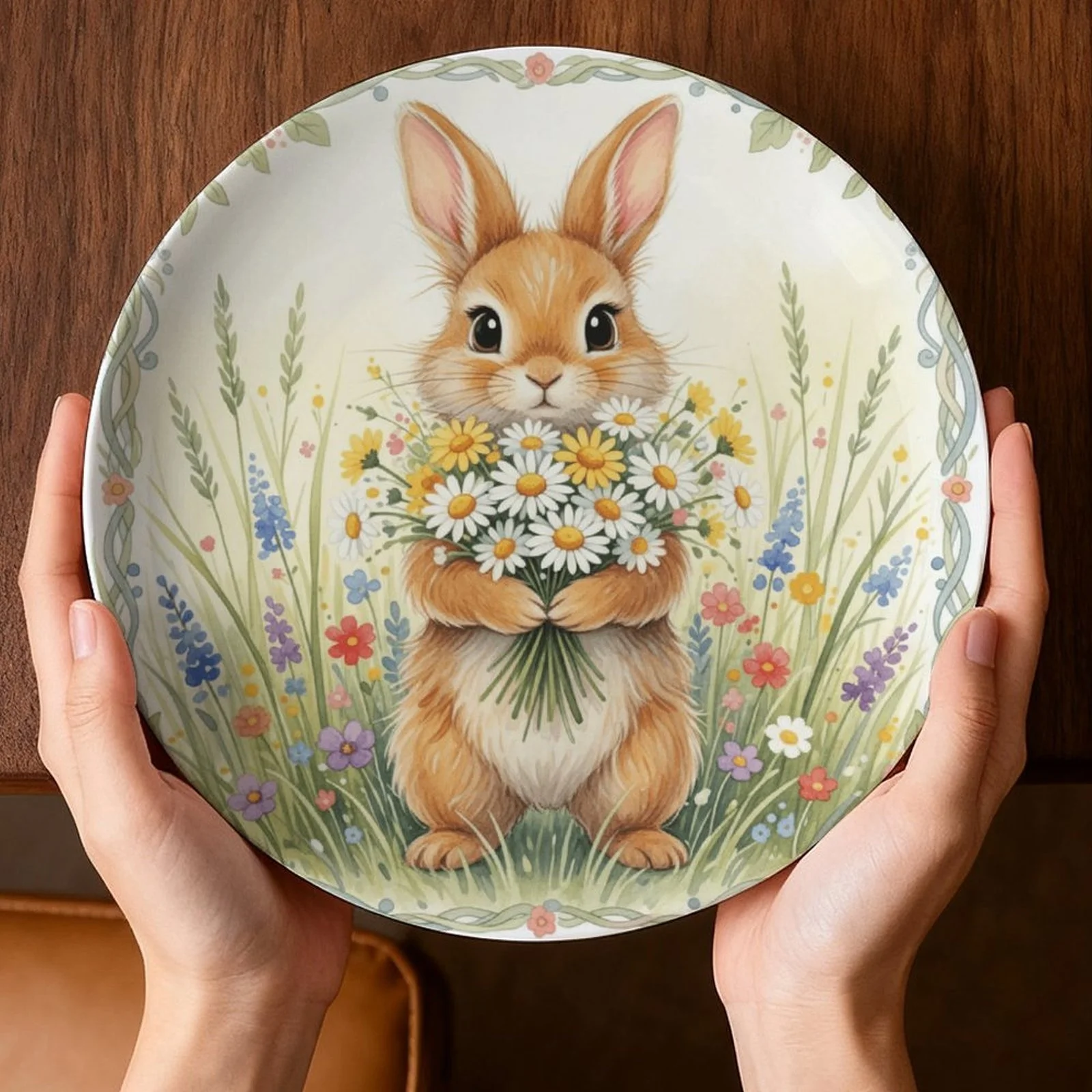 Spring Bunny with Daisy Bouquet Ceramic Decor Plate - Hanging Wall Art， Suitable for home, living room, office, and study