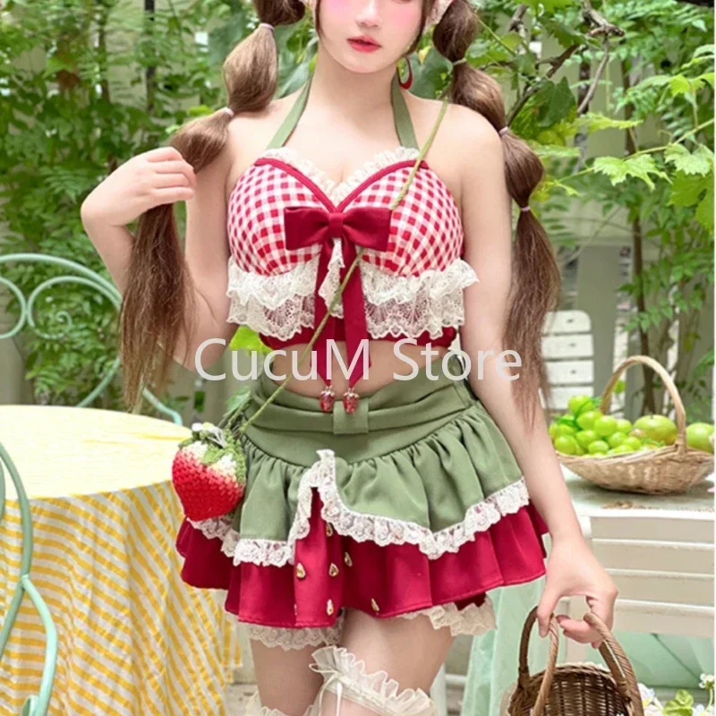 Sweet Lolita Style 2 Piece Set Women Kawaii Bow Lace Halter Neck Crop Tops Mini Cake Skirts Suit Female Korean Y2k Beach Outfits