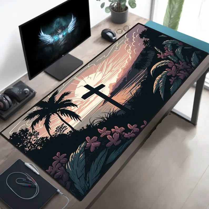 Cross Art Deskmat Cross Mousepad Bible Mouse Pad Beach Cross Desk Mat Biblical Desk Pad Christian Mousemat Keyboard Computer Mat