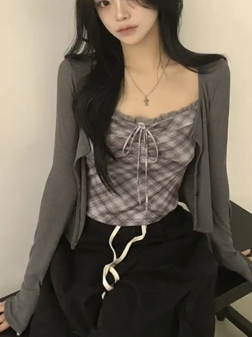 Korean Style Lace Long Sleeve Knitted Vest And Mesh Inner Wear Set for Women Autumn Season Plaid Pattern Fashion Set