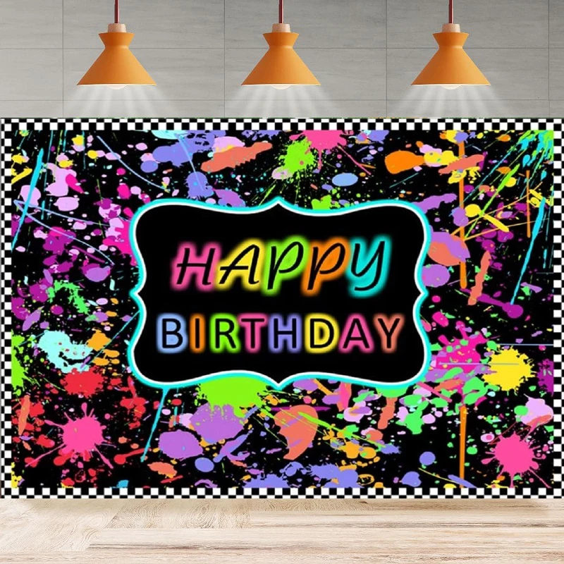 

Paint Splatter Happy Birthday Photography Backdrop Colorful Neon Glow Graffiti Background Hip Pop Retro Party Banner Decoration