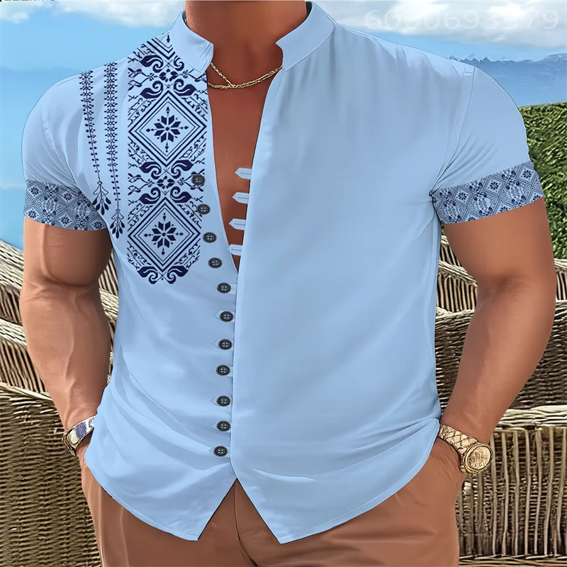 

Men's stand-up collar cardigan shirt, 11-button design, trendy pattern, slim fit, comfortable and soft, new style for 2026.