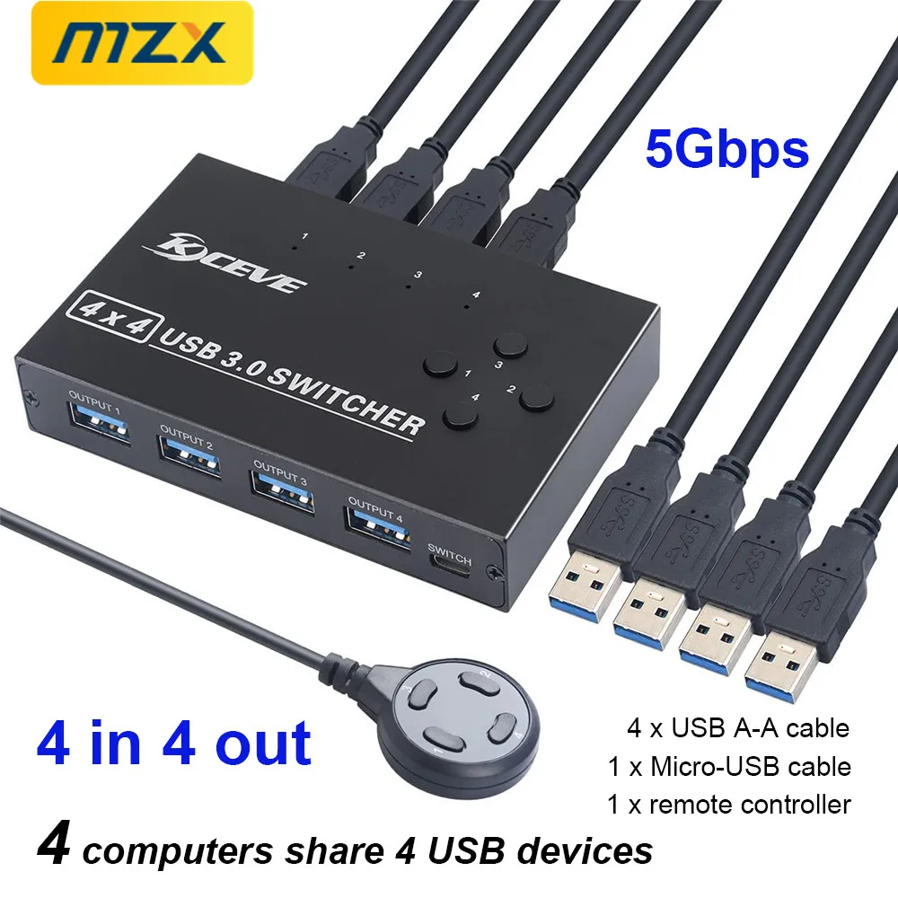 MZX USB Switch Selector KVM Switcher 3.0 Hub 3 0 KM 4 Computer Host Share 4 USB Devices for Keyboard Mouse Printer KVM Switch