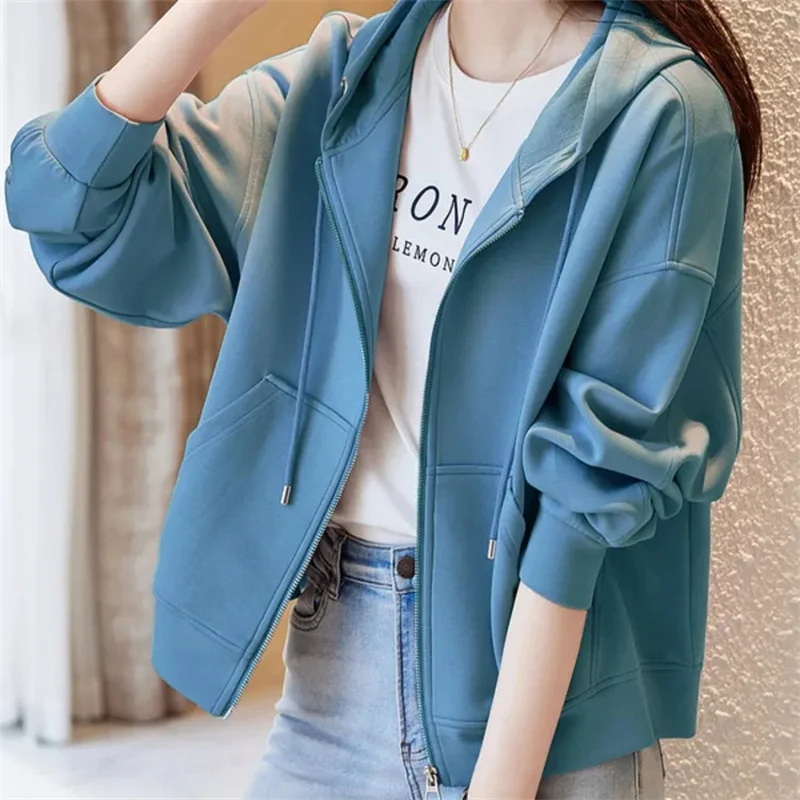 Green Hooded sweatershirt Jackets Women\'s zippered cardigan 2023 Spring and Autumn New Casual Sports Fashion Women Jacket Cotton