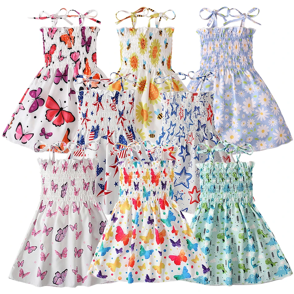 Girls Summertime Fashion Patriotic Strap Dress Print Adorable Dino and Panda Design for Independence Day Girls Casual Dresses