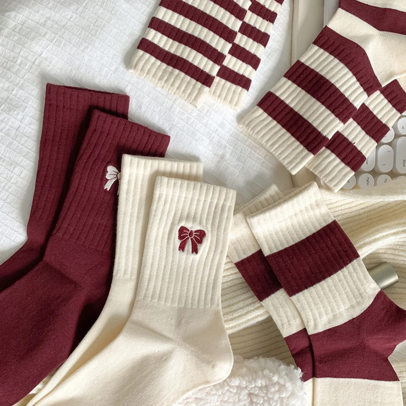 

Women New Red Lovely Bow Mid-tube Beauty Korean Fashion Academy Style Boneless Pile Cotton Comfort Ins Sock Autumn Winter Socks