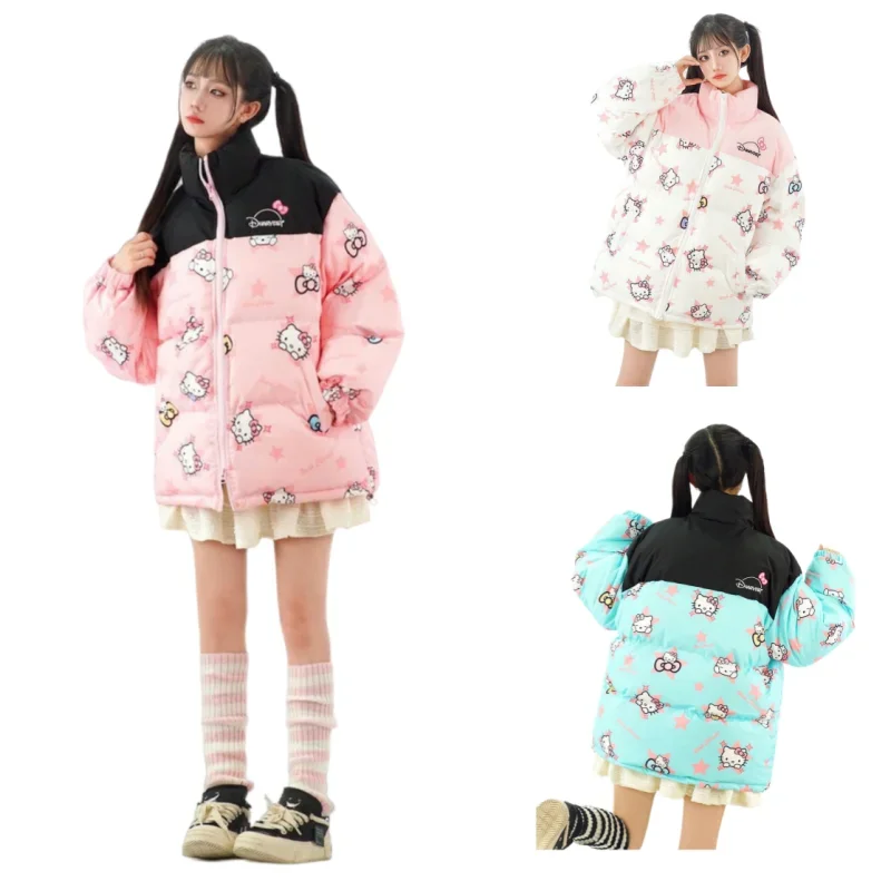 Cute Sanrios Hellokittys Down Jacket Cartoon Anime Fashion Printed Women\'s Winter Cotton Clothes Kawaii Girls Casual Warm Coat