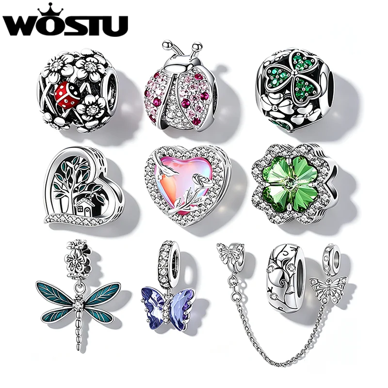 WOSTU Platinum Plated Original Ladybug Charms Lucky Clover Beads Butterfly Safty Chain Fit DIY Bracelet Neckalce Wholesale