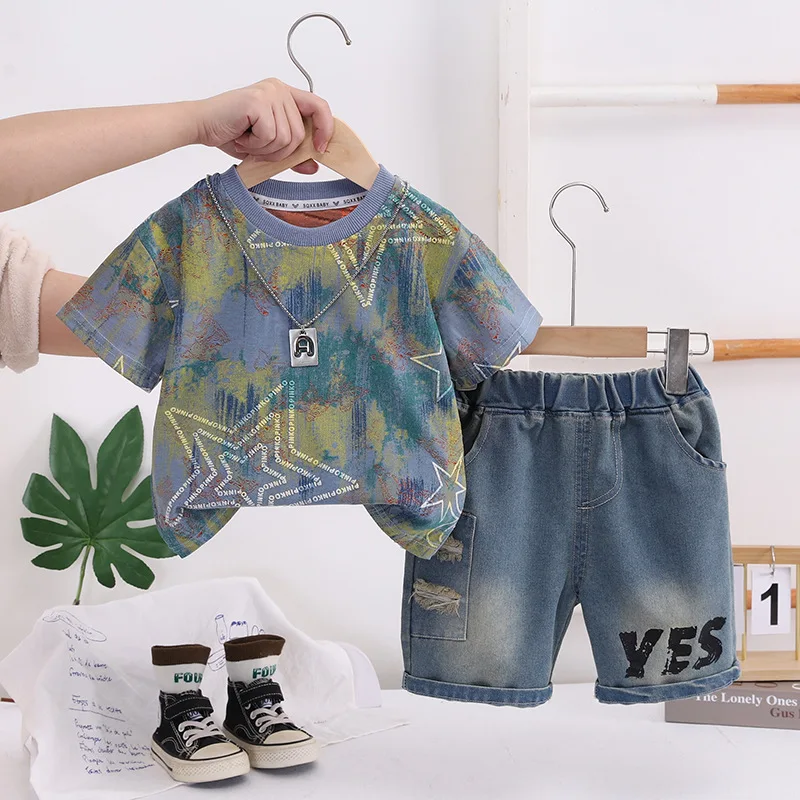 Boys Tie-dye Two Piece Set 2026, Sparkle Star T-shirt with Ripped Denim Shorts, Summer Casual Kids Clothes for Toddlers