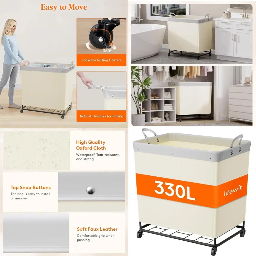 

Large Rolling Laundry Hamper with Wheels and Handles, Heavy Duty Steel Frame Basket for Home, Hotel, Dorm - White